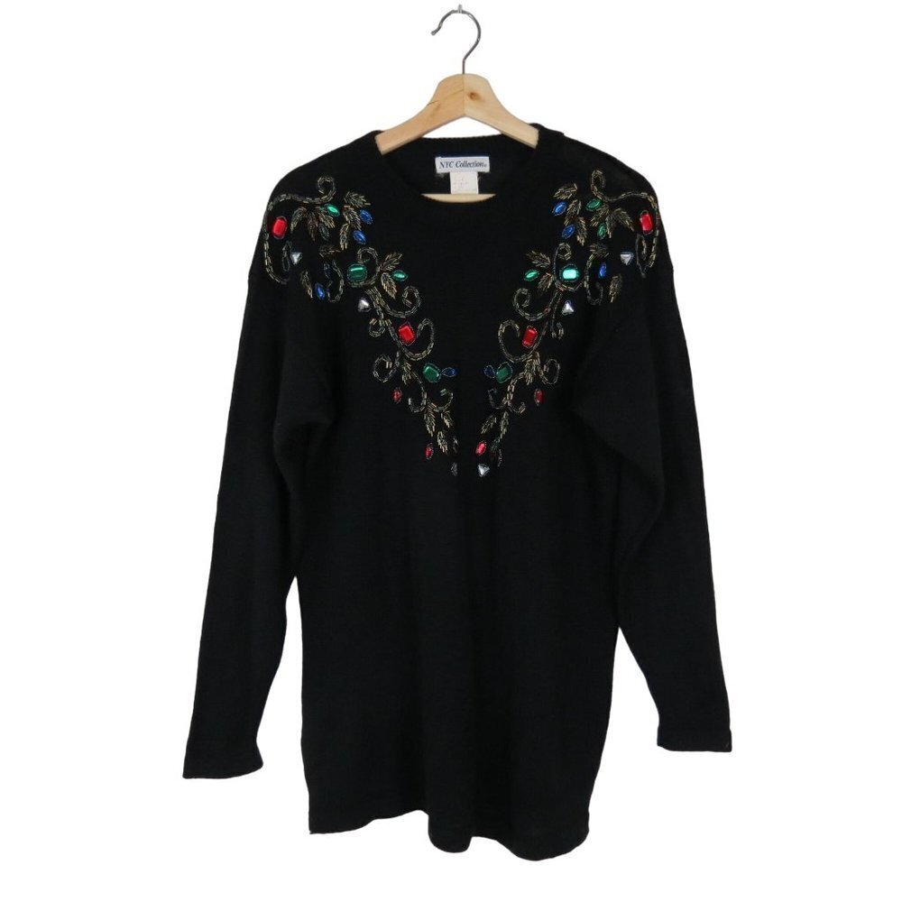 VINTAGE 80s 90s Womens Black Beaded Jeweled Pullover Tunic Sweater L Embellished